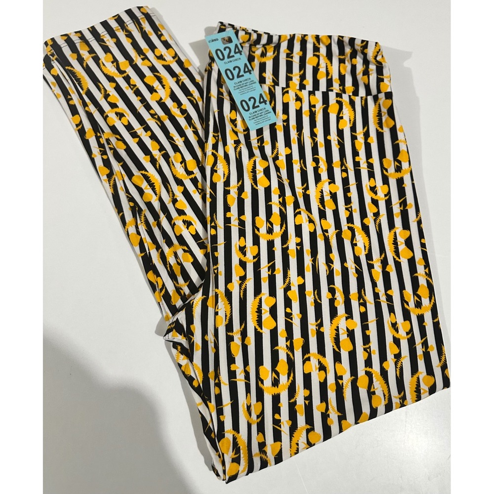 LuLaRoe TC2 Leggings Halloween Jack-o-lantern Pumpkin Stripe Black White Yellow
